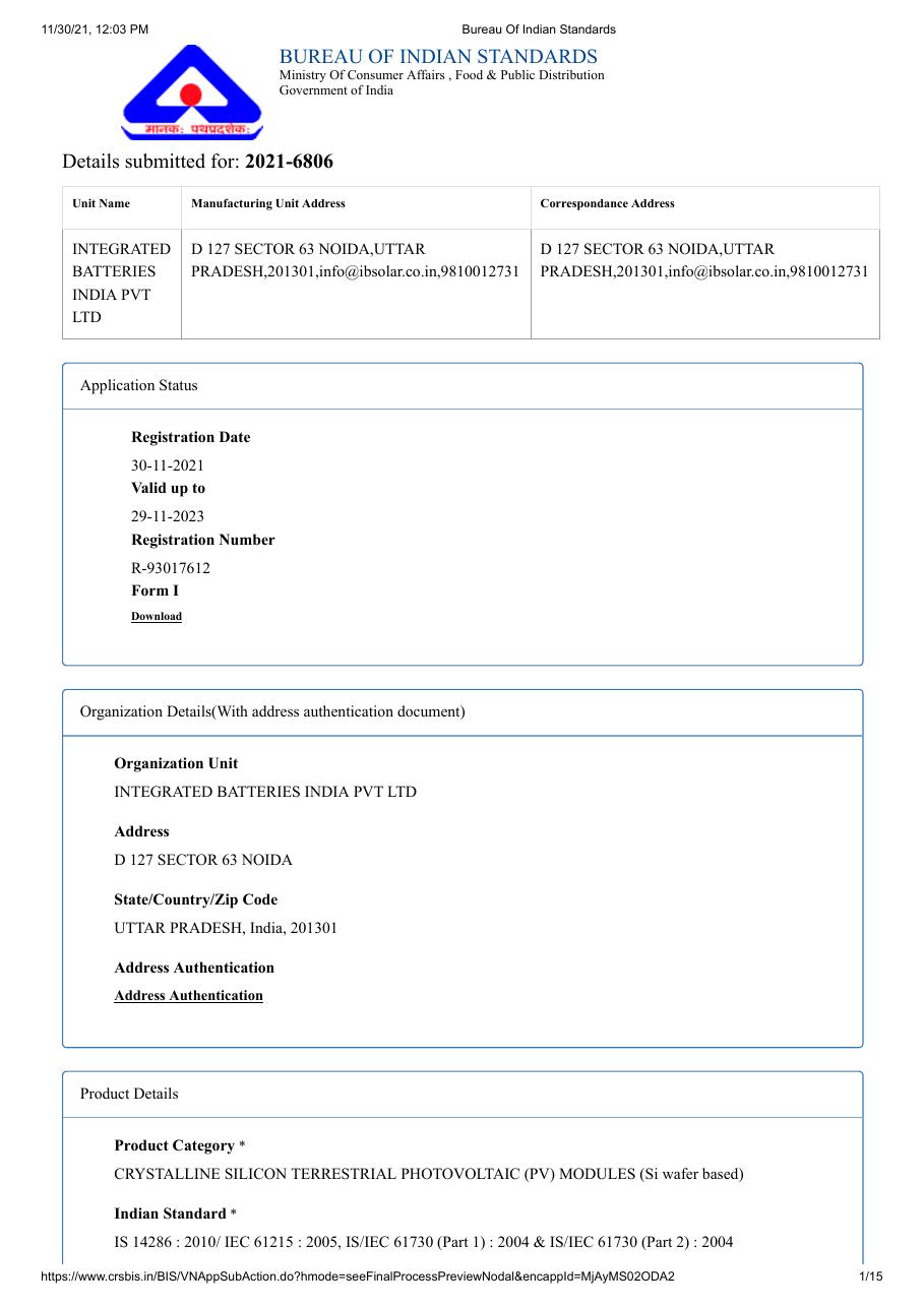 BIS — Solar Panel — Bureau of Indian Standards