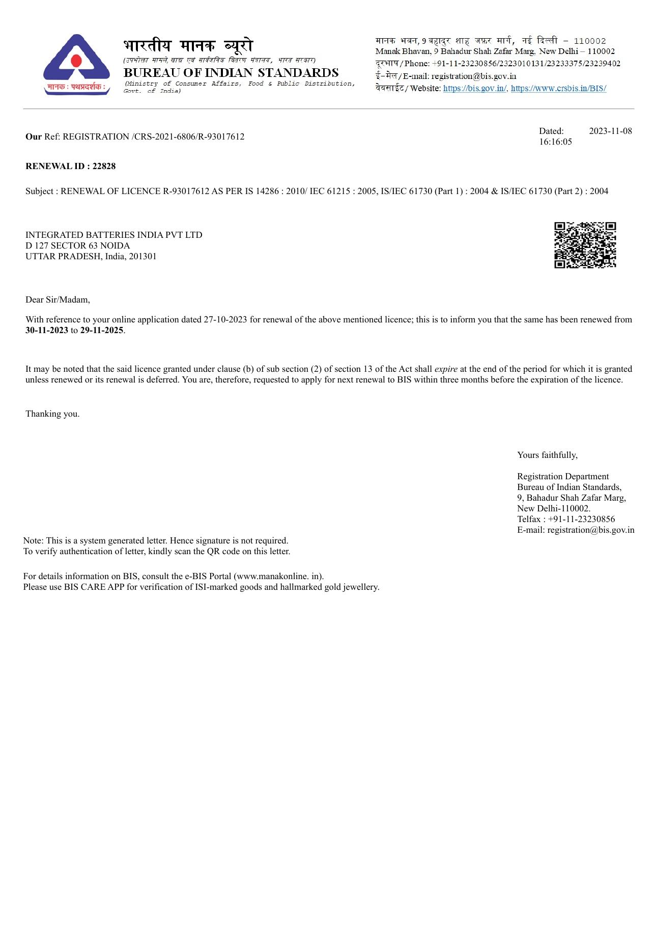 BIS Renewal Certificate — Bureau of Indian Standards