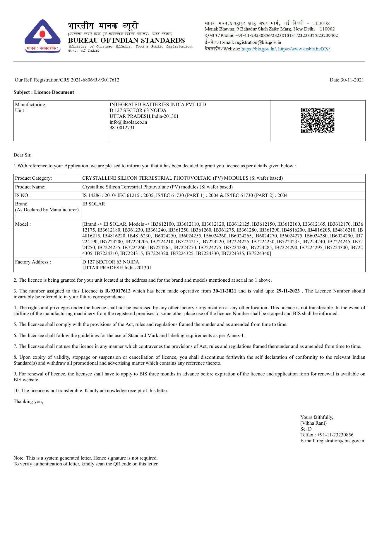 BIS Registration Certificate — Bureau of Indian Standards