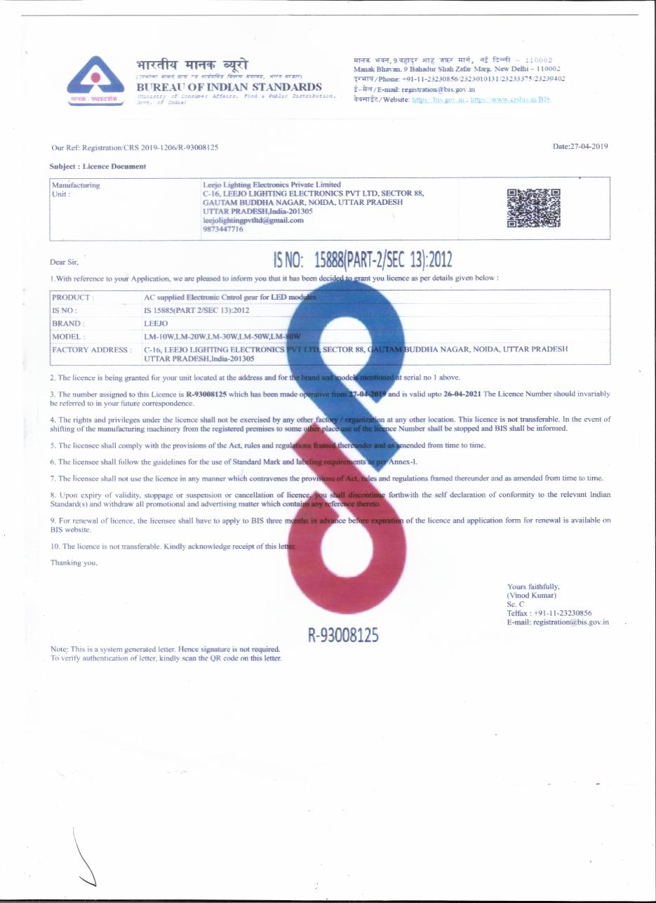 BIS — LEEJO LED Driver — Bureau of Indian Standards