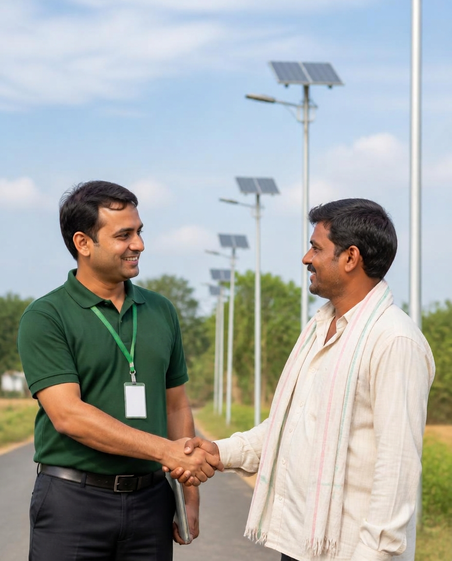ZIYA Energy Solutions representative shaking hands with a customer at a solar street light project site